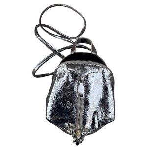 Rebecca Minkoff Metallic Silver Mini Backpack Purse With Leopard Print Lining
